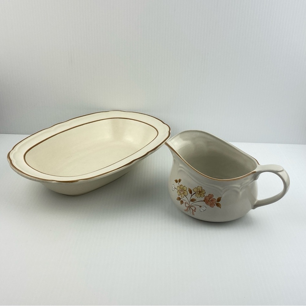 Vintage Cordella Stoneware Vegetable Dish and Gravy Boat Burnet Pattern